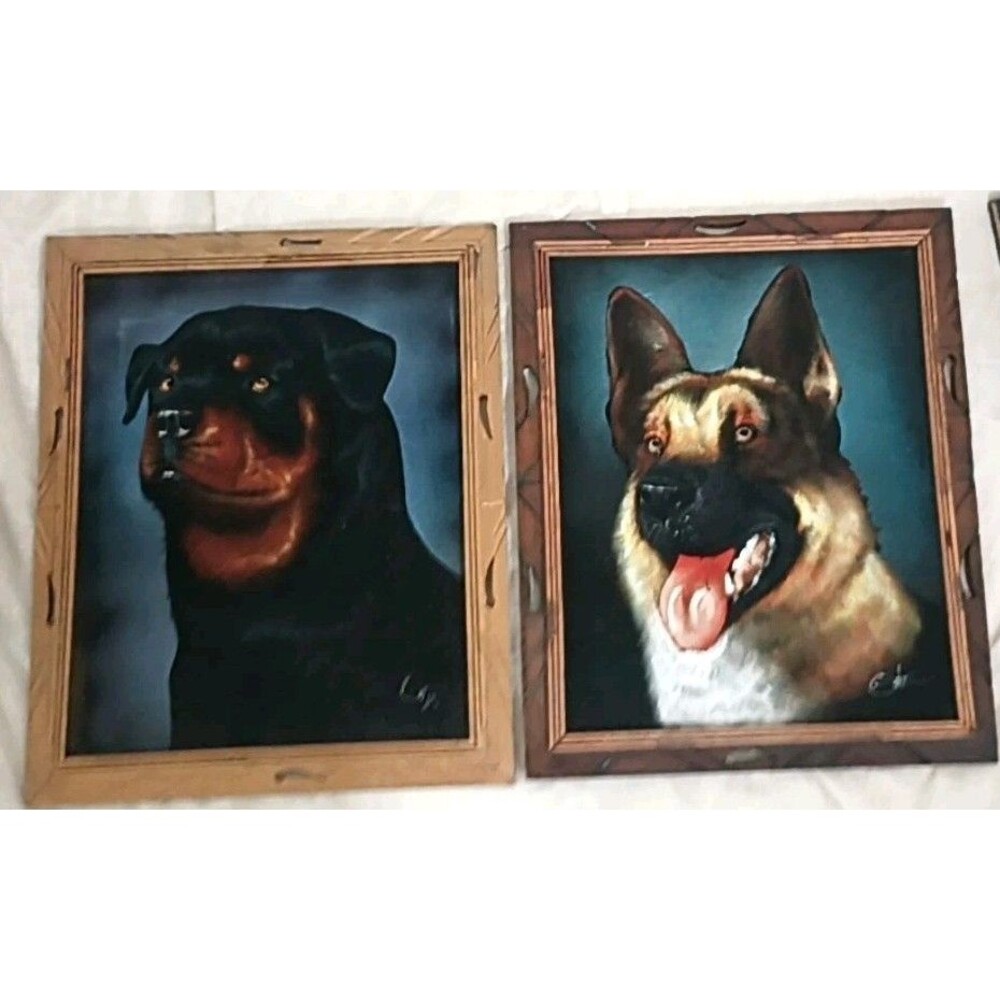 Vintage 1970s Ortiz Black Velvet Rottweiler German Shepard Paintings Signed